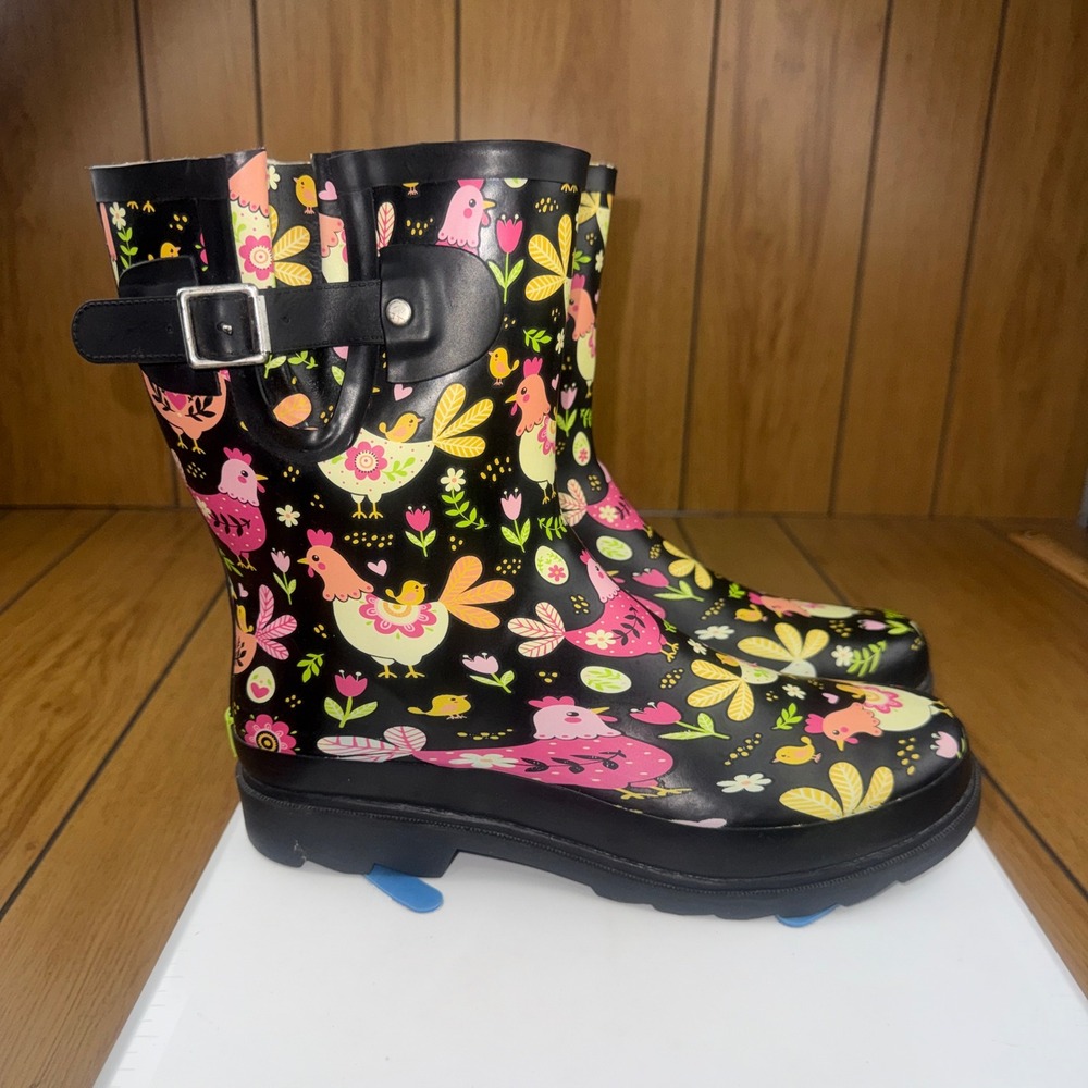 Western Chief Folkloric Fowl Mid Black Chicken Print Rain Boots Womens 10